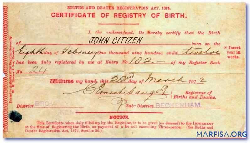 Realistic England Registrar of Births and Deaths birth certificate download for verification